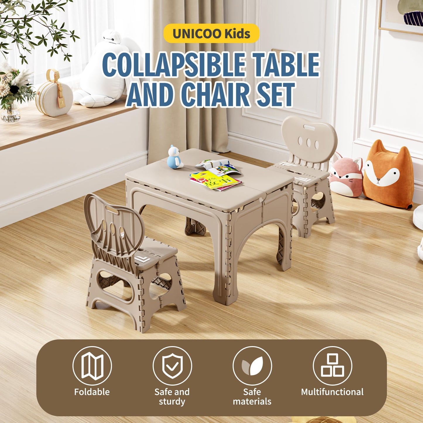 UNICOO® Kids Folding Table and Chairs Set, Kids Table and Chairs Foldable, Foldable Activity Table, Portable Picnic Table, Ideal for Indoor and Outdoor Use, Durable and Easy to Store (599) (Khaki)