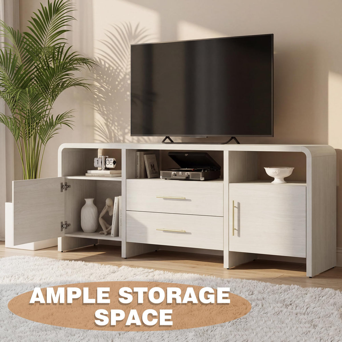 Fatmok 2 Piece Living Room Coffee Table Set, 70" TV Stand with 2 Drawer and 48" Coffee Table with Open Storage Shelf, Modern Curved Wooden Furniture for Living Room,White Wood Grain