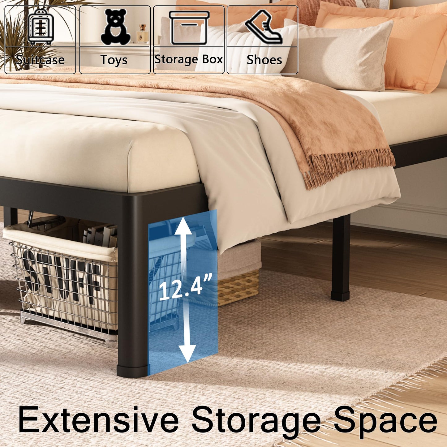 FUIOBYVV Full Size Bed Frame with Round Corner Edge Legs, 14 Inch Heavy Duty Support 3500 lbs Metal Platform Bed Frame Full, No Box Spring Needed/Non-Slip/Steel Slat Support/Noise Free