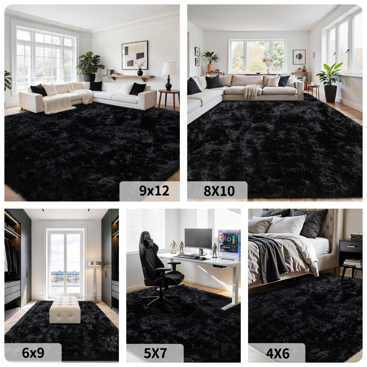 Xafir 8x10 Area Rug for Living Room,Black Fluffy Shag Non-Slip Bedroom Rugs