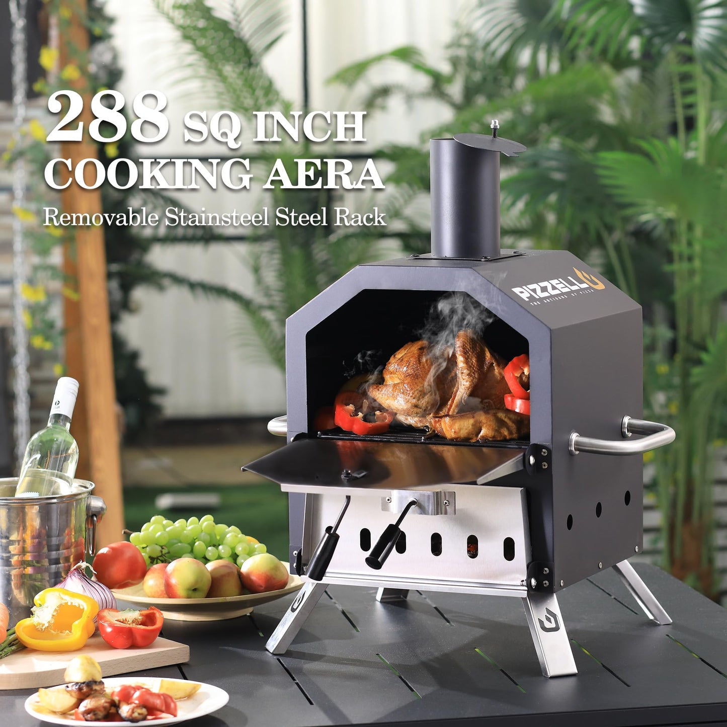 Pizzello Outdoor Pizza Oven Wood Fired 2-Layer Pizza Ovens Outside Pizza Maker with Stone, Pizza Peel, Cover,Removable Cooking Rack for Camping Backyard BBQ (Black)