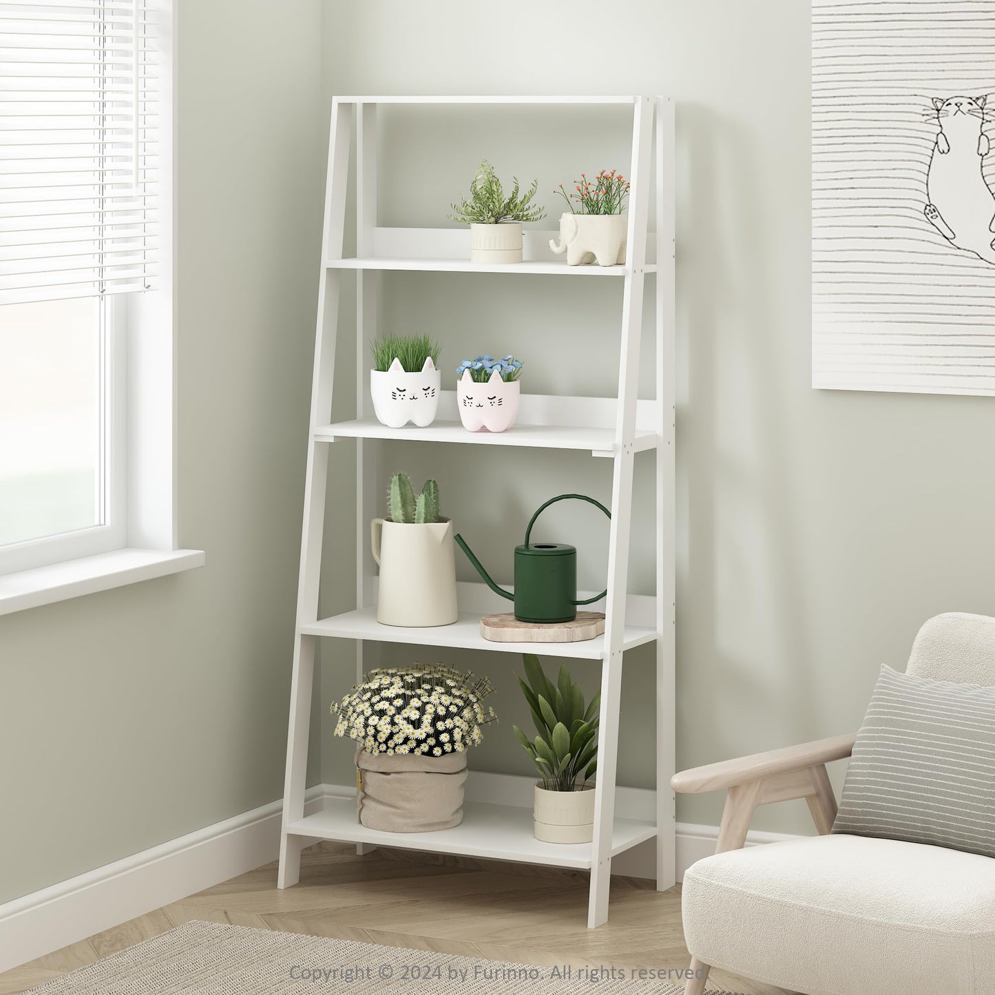 Furinno Ladder Display Shelf, 5-Tier Ladder Shelf, Standing Bookshelf, Display Storage Shelves, 13 x 23.6 x 53.5, for Living Room, Home Office, White