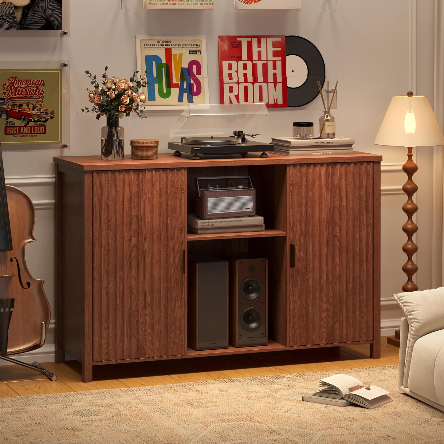 BROTTAR 47.2" Mid Century Modern Record Player Stand with Vinyl Storage