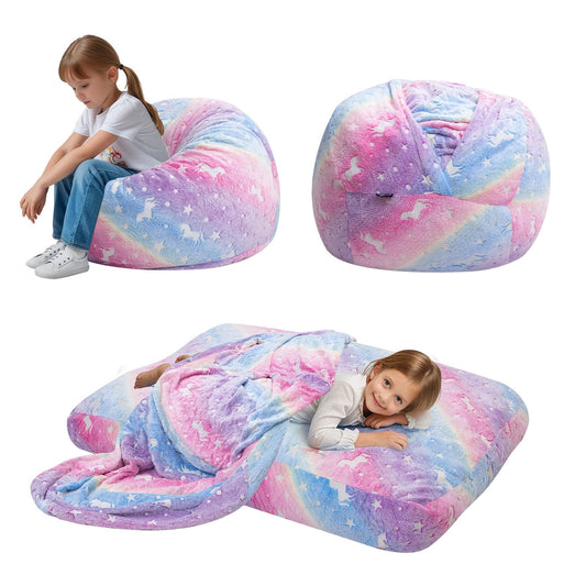 COMAX Bean Bag Chair for Kids, Toddler Beanbag Bed Unicorn, Convertible Children Bean Chair to Floor Mattress with Filler, Stuffed Child Bean Bags for Girl Boy Sleeping, Colorful Rainbow