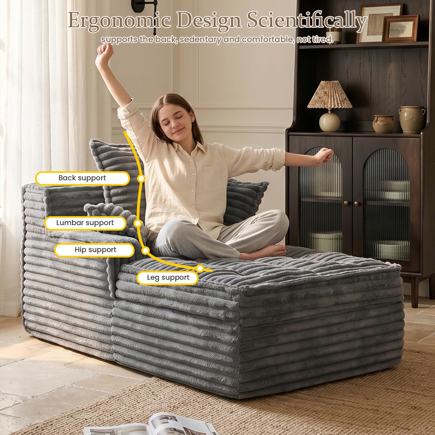 feliz home Boneless Chaise Lounge Couch Indoor, Small Corduroy Upholstered Sleeper Sofa Bed Reading Chairs with 3 Pillows, Fluffy Comfy Cloud Sofas Couches, Compression Boneless Sofa for Small Corner