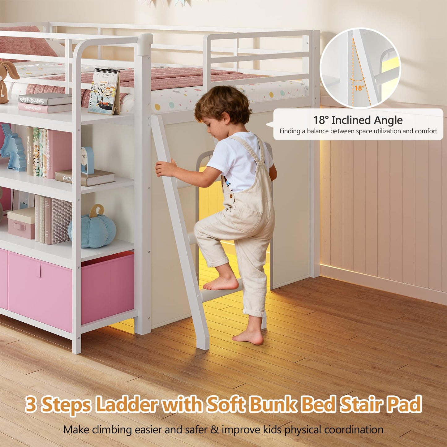 DICTAC Low Loft Bed with Desk and 6 Storage Drawers Twin Loft Bed with Bookshelf,LED Lights & Under-Bed Play Space,Kids Twin Beds with 13.8''H Safety Guardrail,Inclined Ladder&Play Curtain,Pink+White