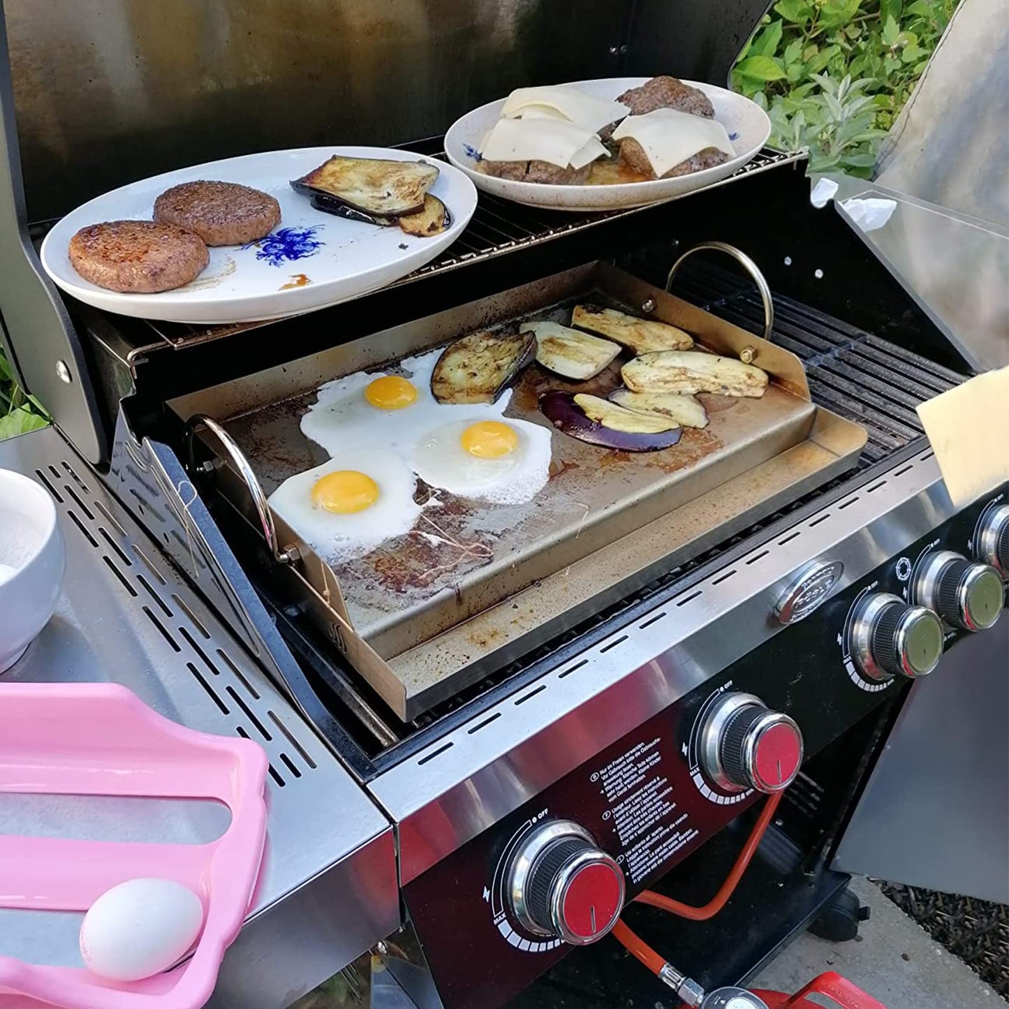 only fire Universal Stainless Steel Cooking Griddle, Flat Top Plate Insert with Grease Groove and Handles for Gas and Charcoal Grills, Tailgating, Camping and Parties, 23" x 16"