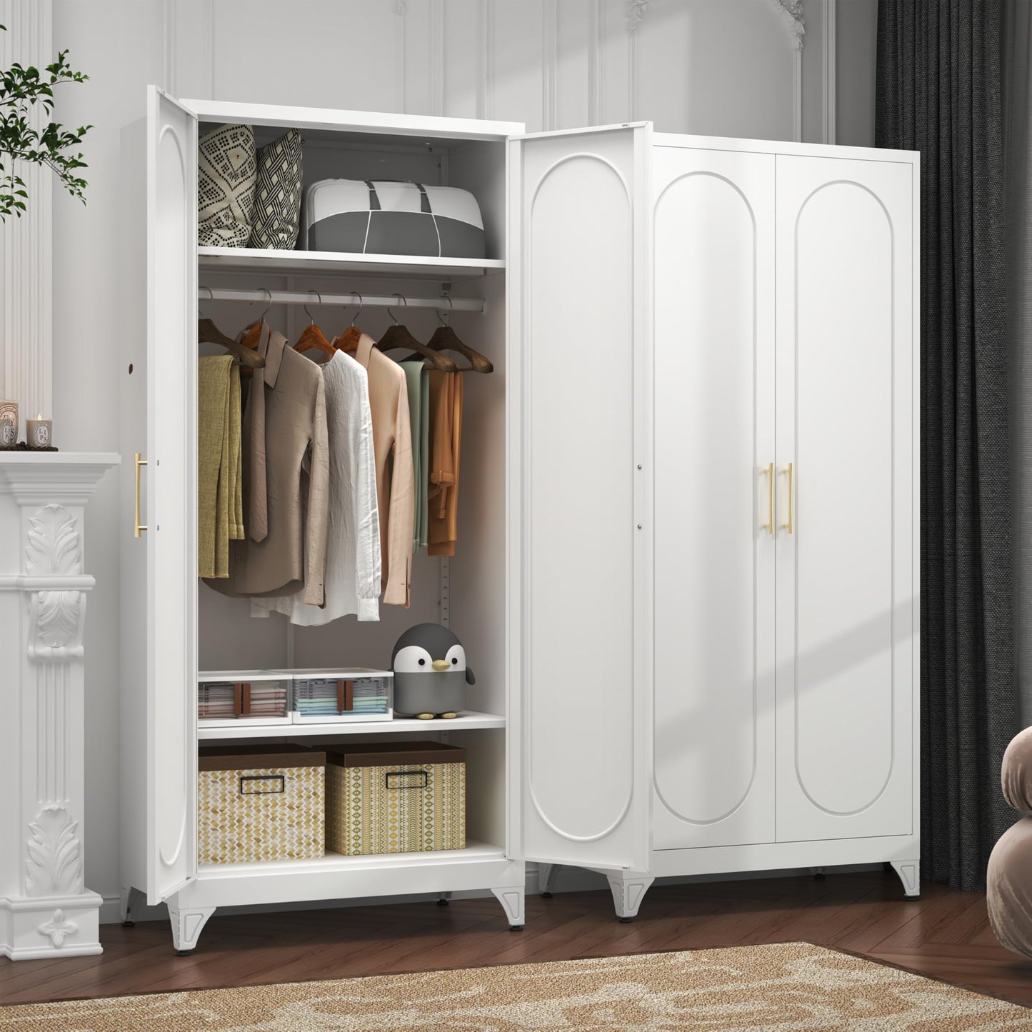 Kubohogar 71" White Wardrobe Closet with 2 Doors, Metal Armoire Wardrobe Cabinet with Hanging Rod and Adjustable Shelves, Clothing Storage Cabinets for Bedroom, Laundry Room, Home Office