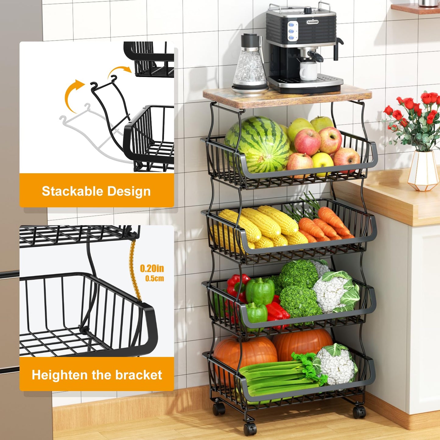 Gsiekare Fruit Vegetable Basket for Kitchen, 5 Tier Stackable Fruit Vegetable Storage Baskets with Wheels, Metal Wire Storage Basket Organizer Baskets for Kitchen, Pantry, Bathroom