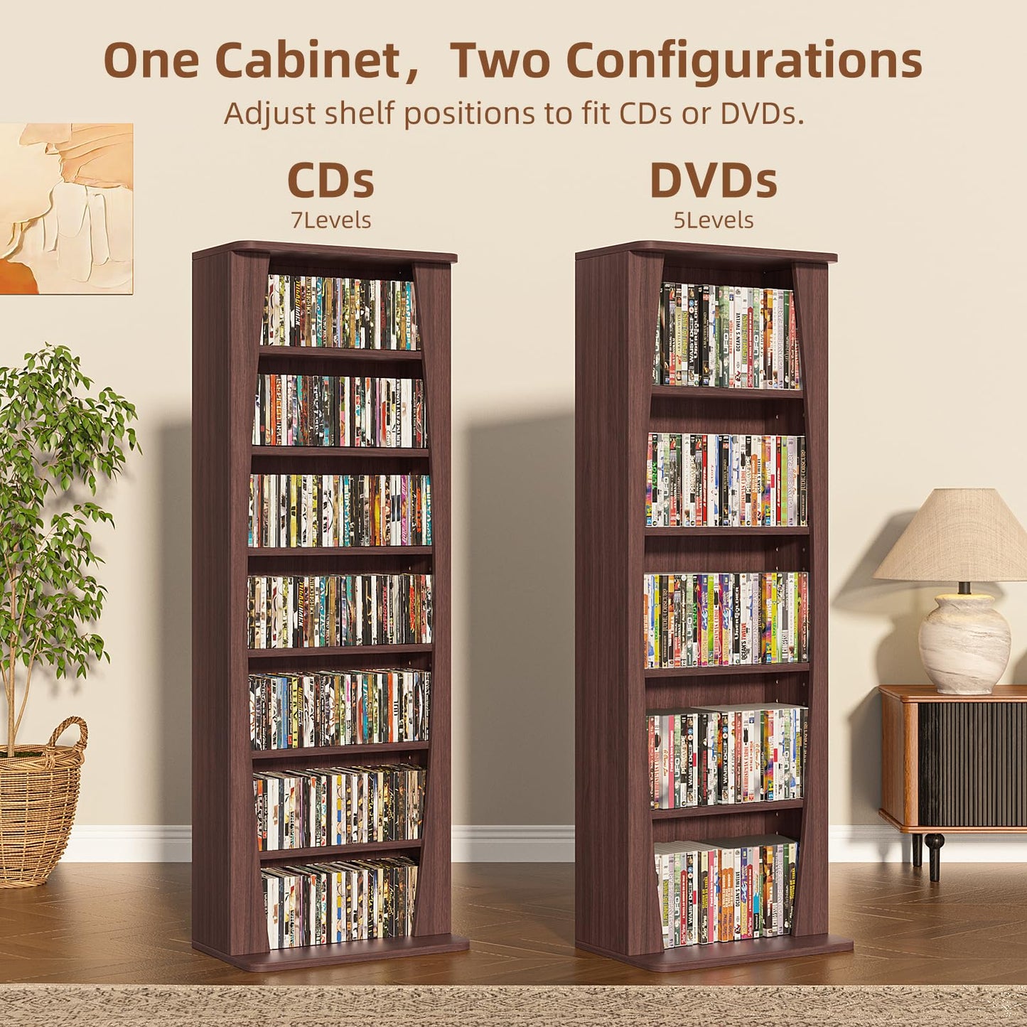 LELELINKY 7 Tier Arched DVD Shelf, DVD Rack with Adjustable Shelves, Walnut