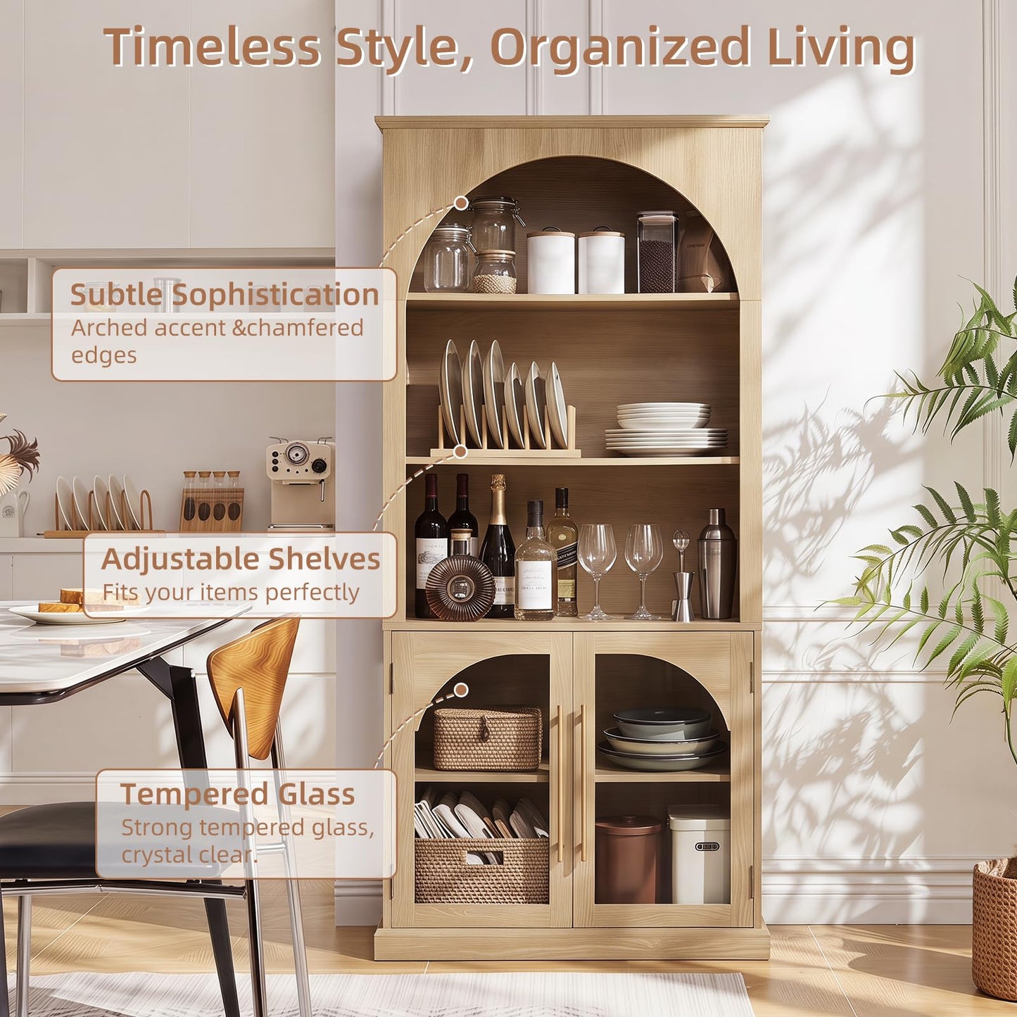 LELELINKY Arched Bookshelf with Tempered Glass Doors, 67" Tall Bookcase