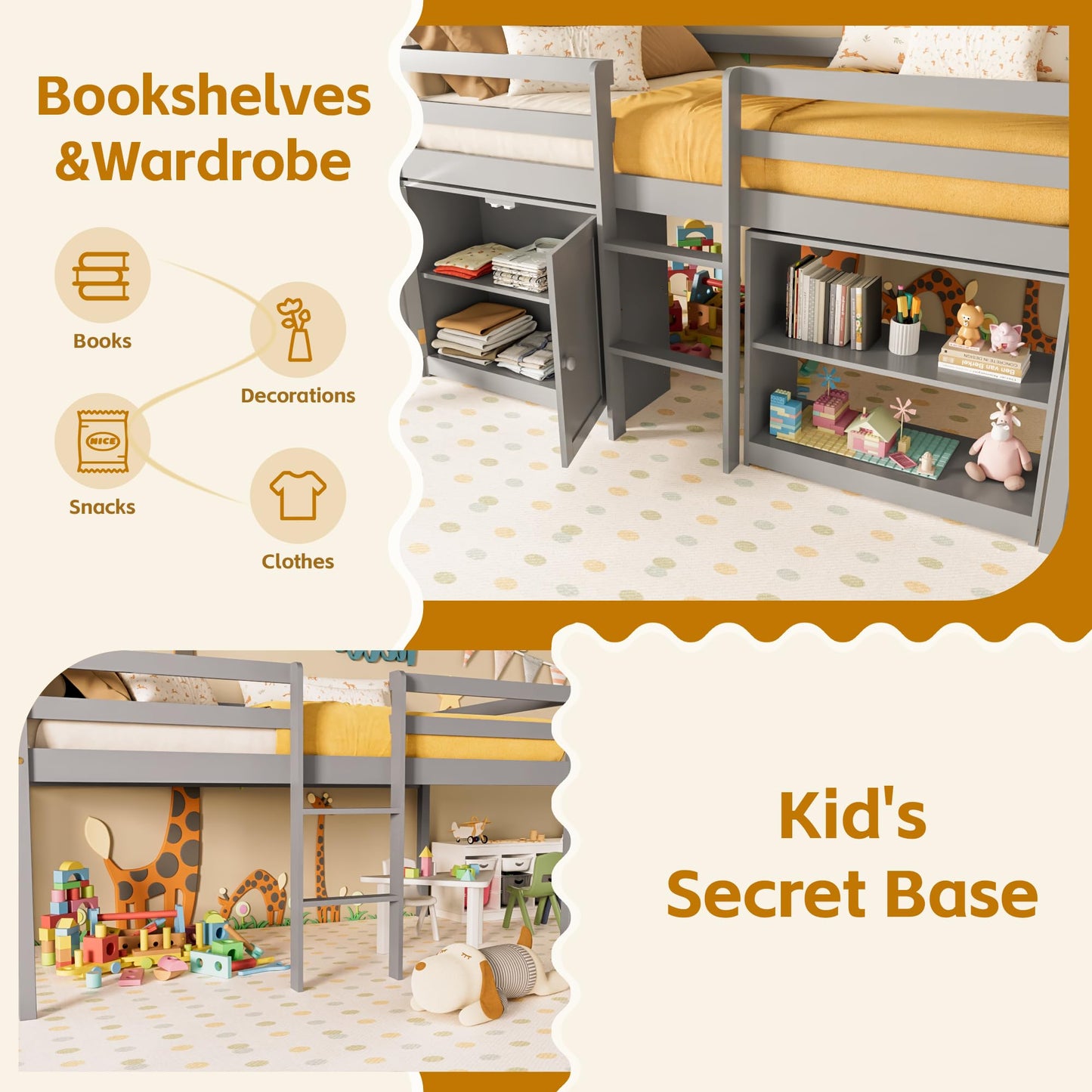 TOLEAD Wood Low Loft Bed Twin Size with Storage Cabinet, Shelf and LED Lights, Wooden Kids Loft Bed with 14" H Safety Guardrail, Ladder and Under-Bed Play Space, Grey