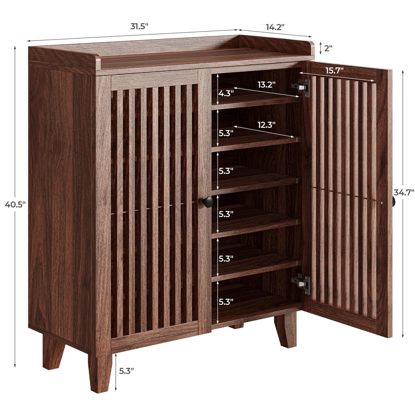 IRONCK Shoe Cabinet with Slatted Doors, 6-Tier Shoe Storage Cabinet with Adjustable Shelves, Wooden Shoe Rack Organizer for Entryway, Hallway, Closet, Living Room, Walnut