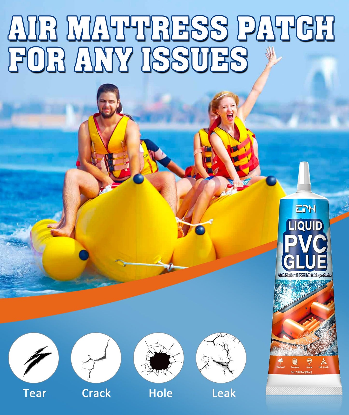 EPN Air Mattress Patch Kit, Waterproof Vinyl Pool Liner Repair Kit for Inflatables, Air Mattress, Swimming Ring, Tent, Bounce House, Inflatable Toys, Hot Tub, PVC Boat, Raft, Kayak (80 ML)
