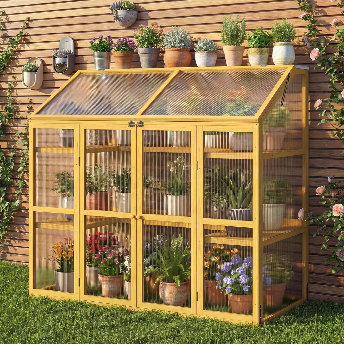 BKSFOAA Wooden Cold Frame Greenhouse with Transparent Flip-Top Roof, Solid Wood Greenhouse Cabinet, Garden Raised Flower Plants Shelf Protection for Outdoor Indoor, Natural