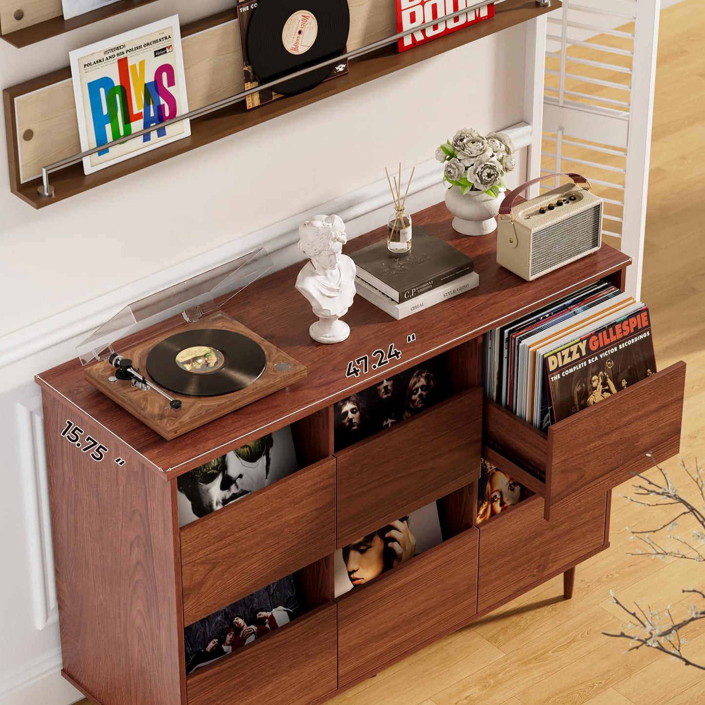 BROTTAR 47.2" Large Record Player Stand, Vinyl Record Storage Cabinet,Brown