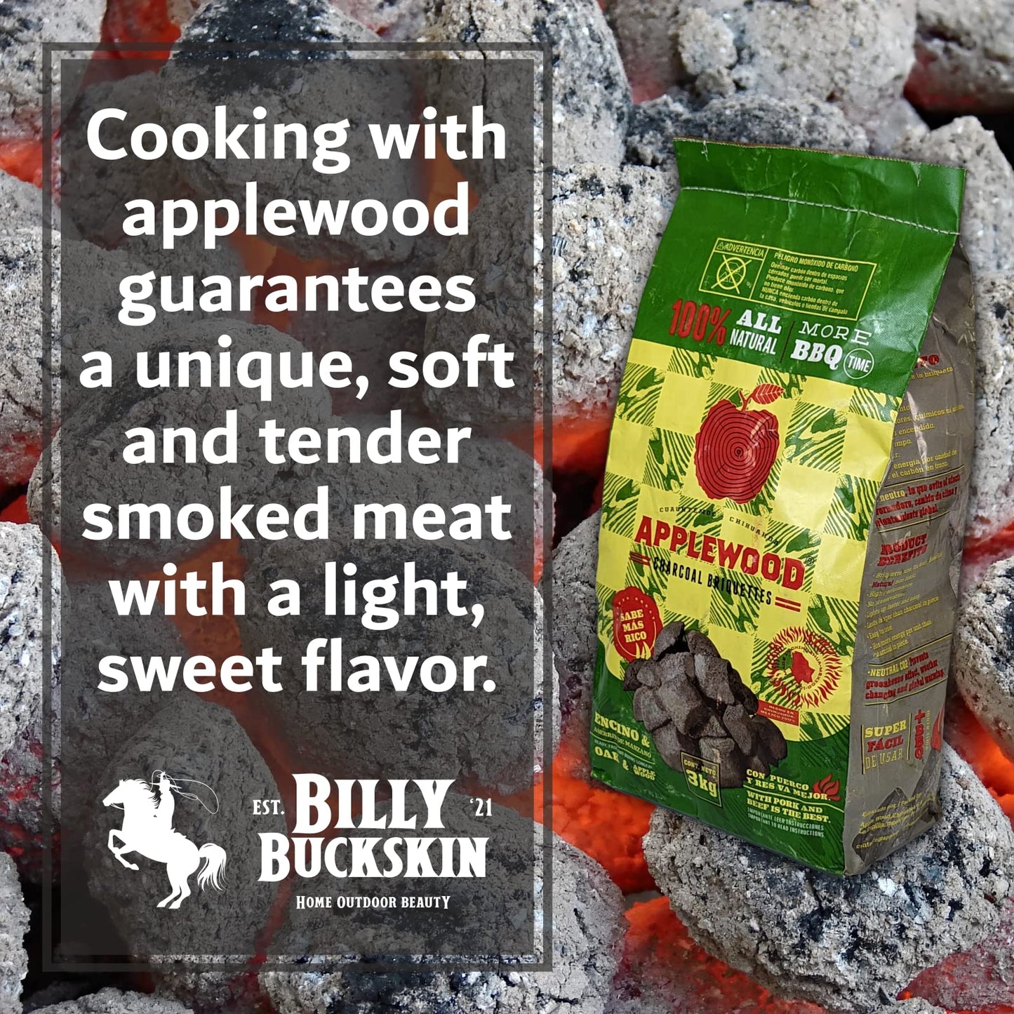 6.5lb Oak & Applewood Charcoal Briquettes - All Natural Wood Charcoal for Grilling - Premium BBQ Briquettes - Quick Light, Pure Hardwood - Long Burning, Rich Smoky Flavor - by Billy Buckskin