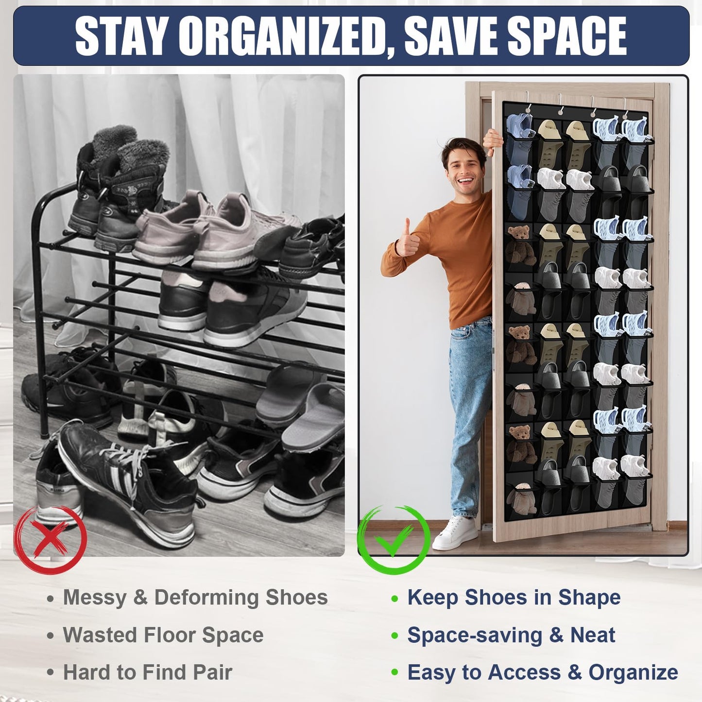 Siolviento Over the Door Shoe Organizer - 40 Large Breathable Mesh Pockets, Space Saving Hanging Shoe Organizer with Metal Hooks, Hanging Shoe Rack for Men's and Women's Shoes (Black)
