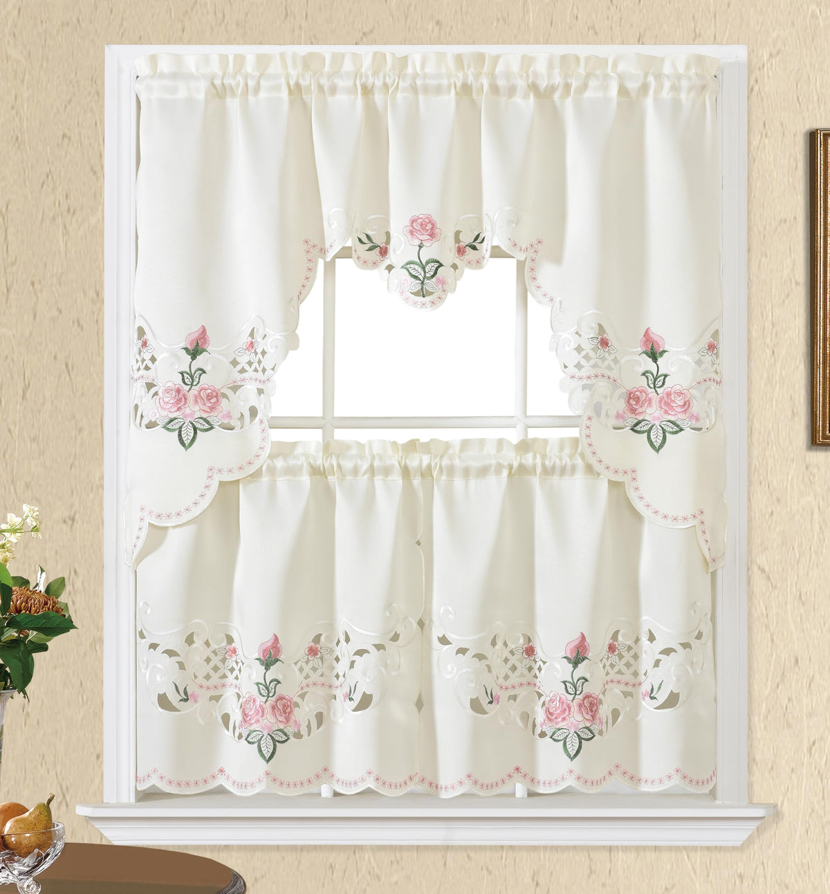GOHD Rose Fragrance 3pcs Tiers Set,Multi-Color Kitchen Cafe Curtain,Rose