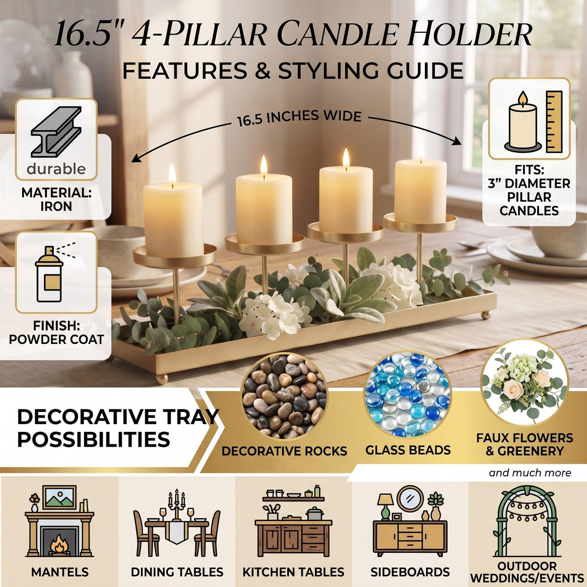 Seraphic Gold Iron 4-Pillar Candelabra – Elegant Tabletop Candle Holder Centerpiece for Weddings, Dining, Parties & Home Decor