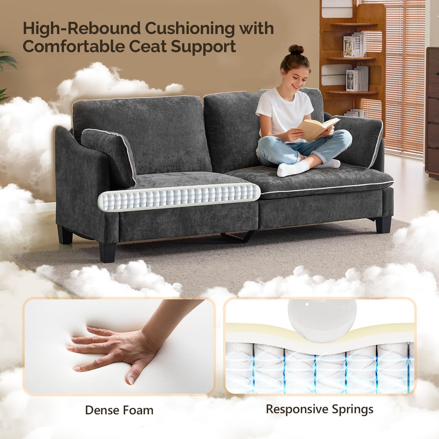 VINGLI 84" Sofa Couch, 3 Seater Extra Deep Seat Upholstered Living Room Couches with 2 Piped Seater Cushions, Throw Pillows, Modern Linen Velvet Fabric Sofa for Apartment, Bedroom, Office