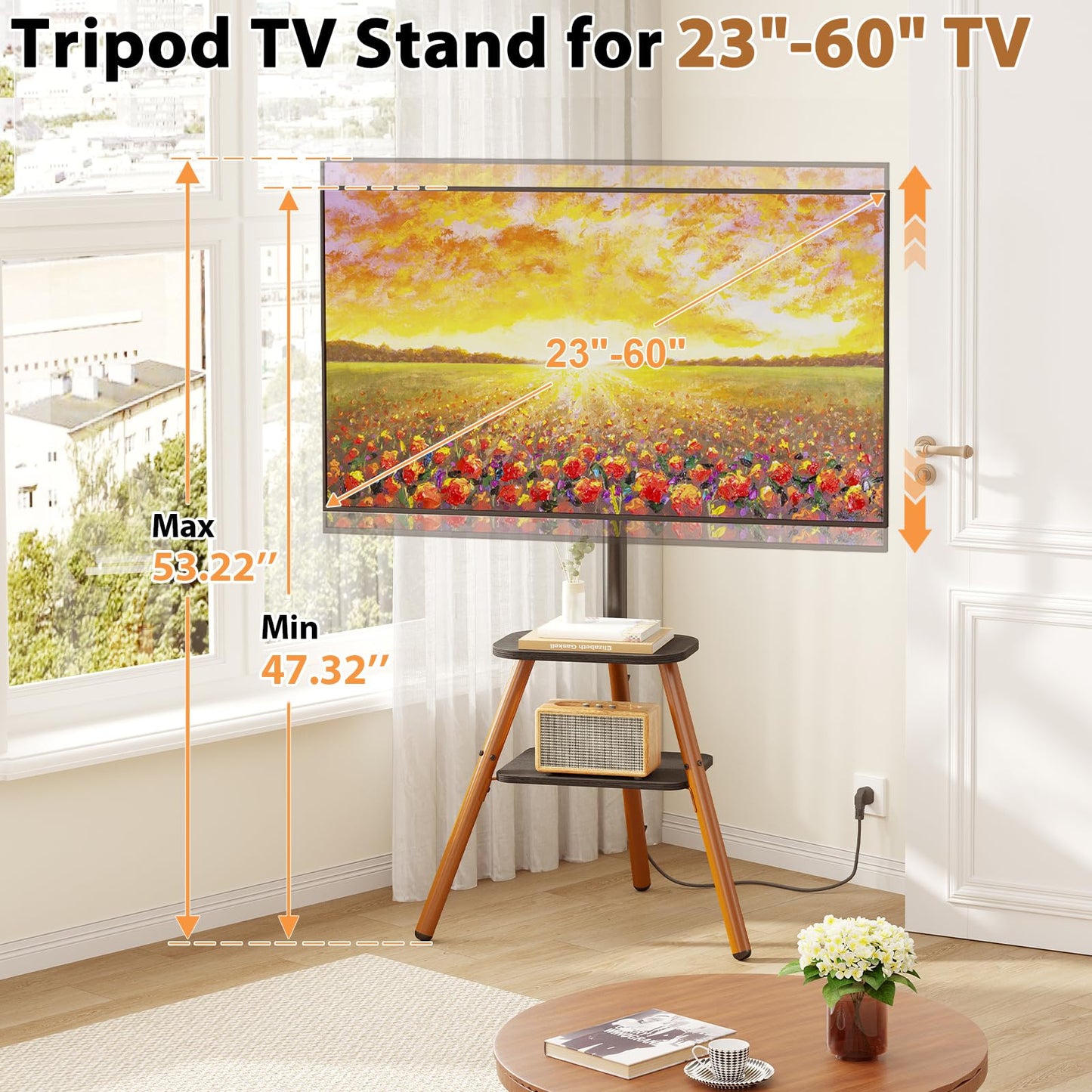 Tripod Easel TV Stand for 23-60 Inch TVs, Floor TV Stand with 2 Shelves and Cable Management for Bedroom/Living Room, Holds up to 80 lbs Adjustable Height Max VESA 400x400mm, Artistic Black Walnut