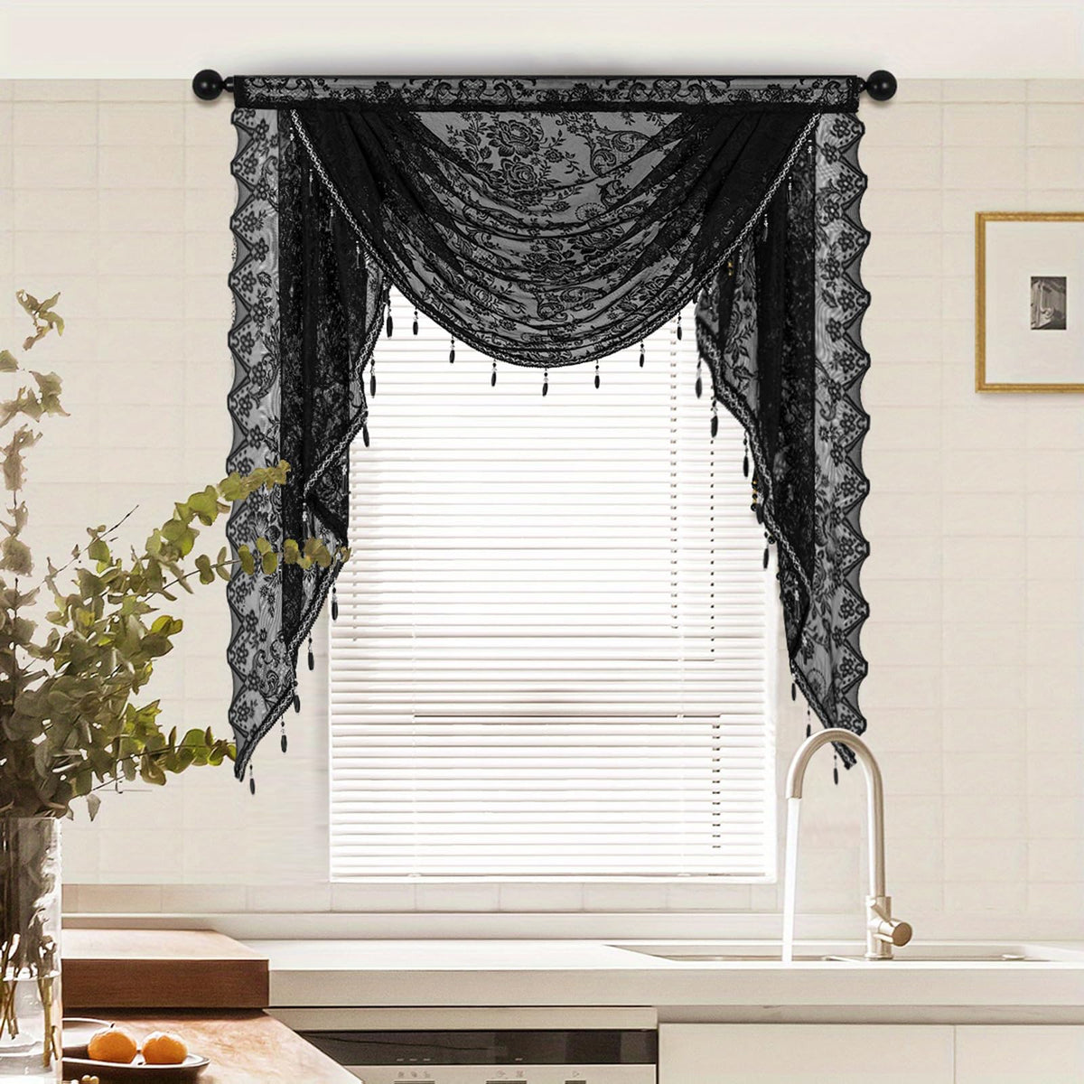 Huierxun Black Sheer Lace Waterfall Window Valance with Bead Tassels Floral Embroidered Valance Curtains Semi Sheer Rod Pocket Valance/Swags for Bedroom/Living Room/Kitchen/Basement(Black,39"x41")