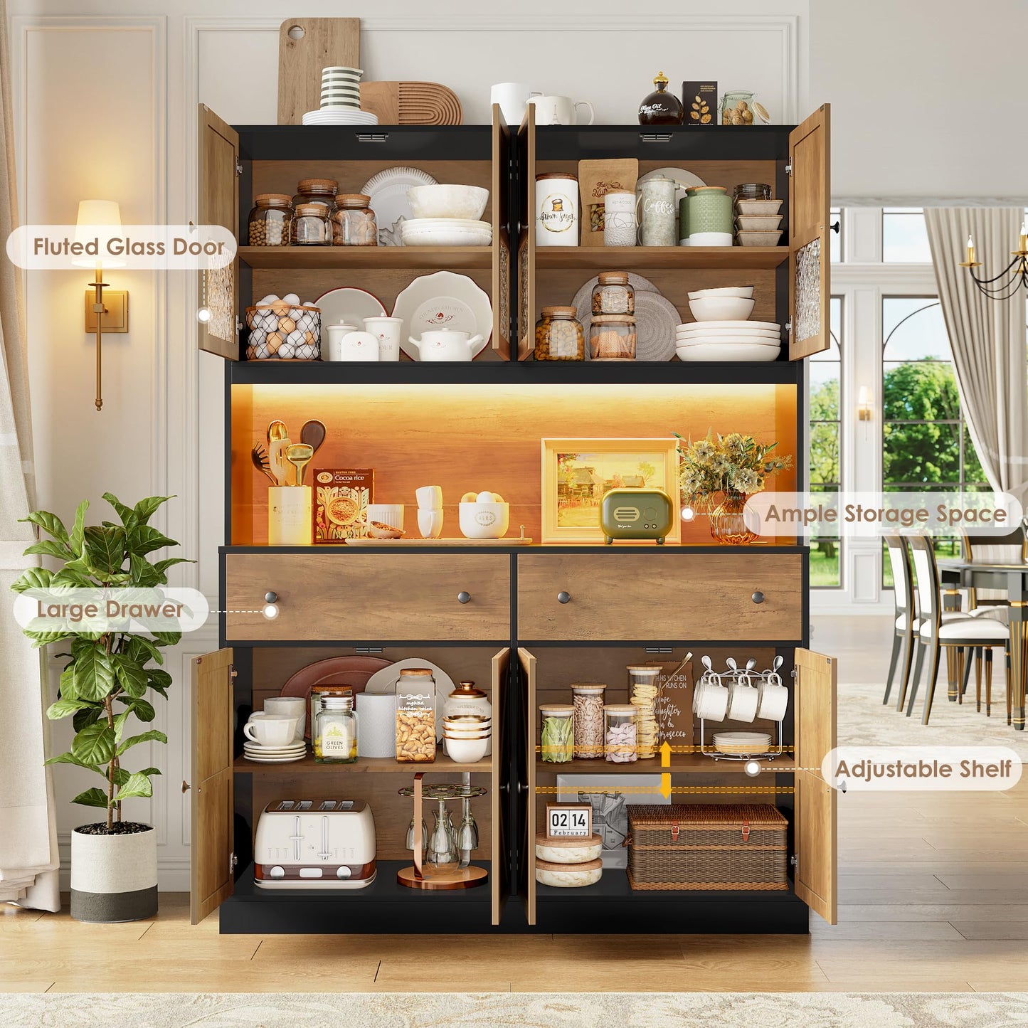 FINETONES 71" Pantry Cabinet with LED Light and Charging Station, Farmhouse Kitchen Pantry Cabinet with Microwave Stand, 47.2" Wide Kitchen Hutch Food Pantry with Open Countertop, Black/Brown