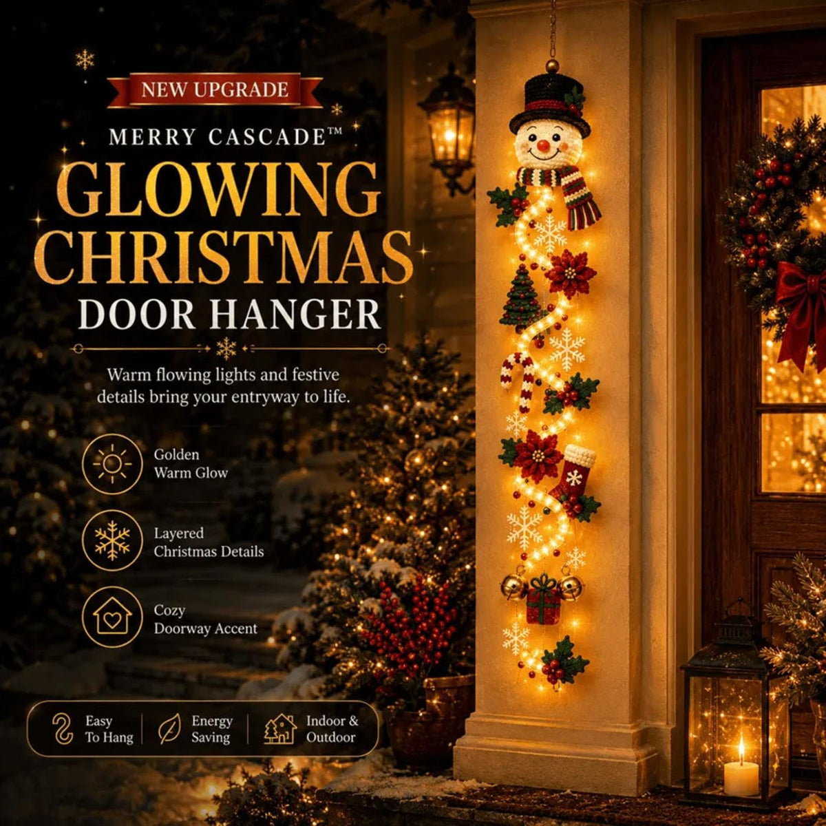 Illuminated Snowman Christmas Door Hanger, Warm Led Lighted 3D Dimensional Holiday Hanging Decor, for Front Door, Porch Column, Wall, Window & Covered Outdoor Entryway，A