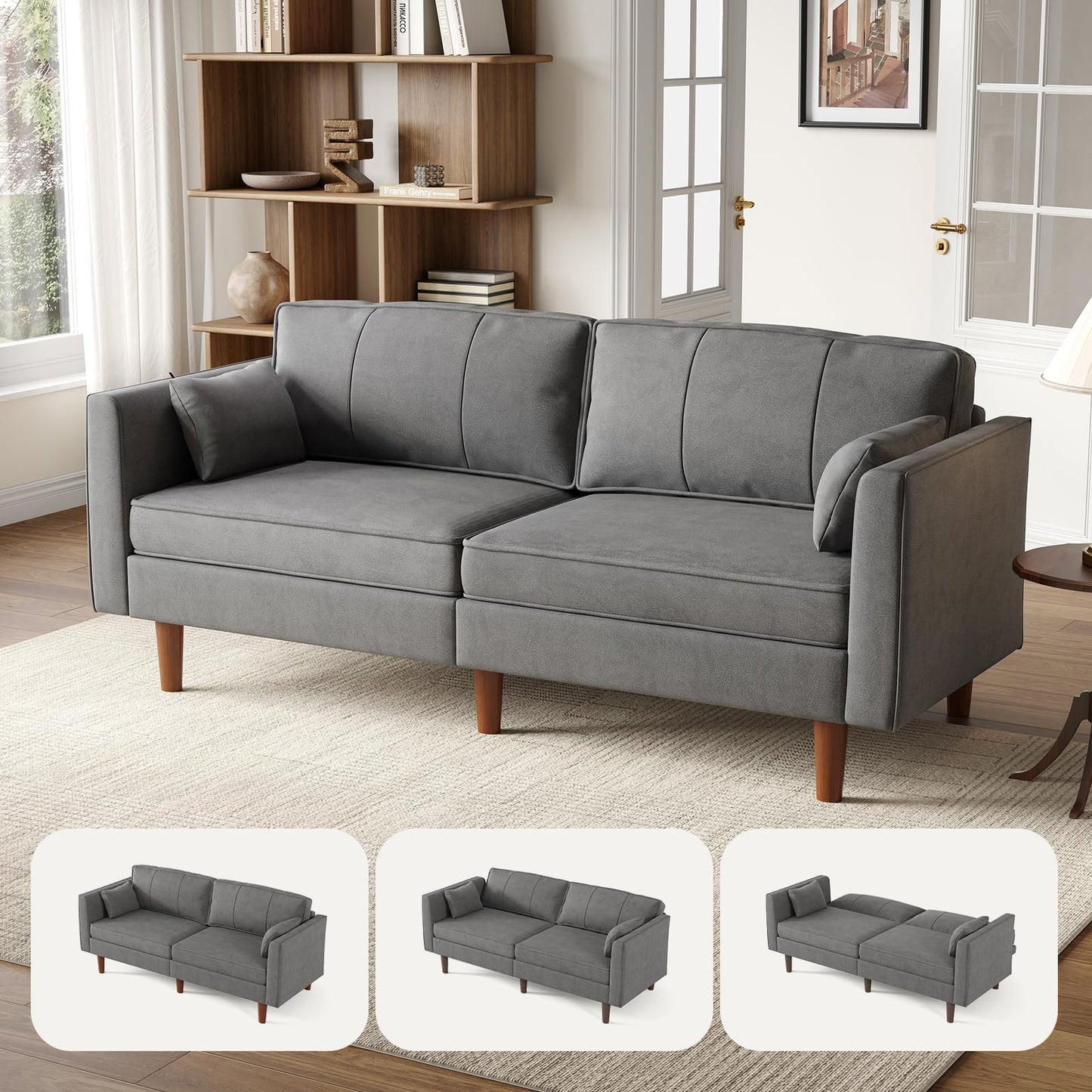 ONBRILL 71" Futon Sofa Bed,Convertible Sleeper Couch with Adjustable Backrest, Folding Loveseat for Apartment, Living Room, Office, Faux Leather,Grey