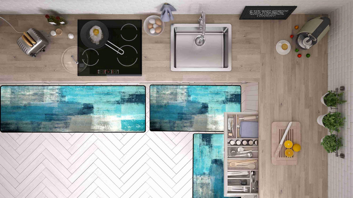 TOMWISH Teal Grey Abstract Art Kitchen Mat Turquoise Kitchen Rugs Sets 3PCS