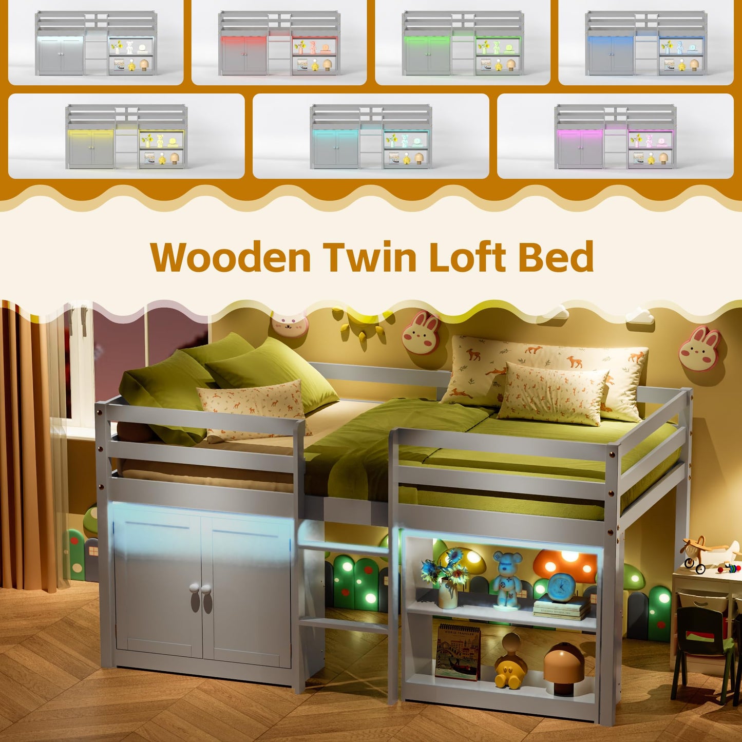 TOLEAD Wood Low Loft Bed Twin Size with Storage Cabinet, Shelf and LED Lights, Wooden Kids Loft Bed with 14" H Safety Guardrail, Ladder and Under-Bed Play Space, Grey