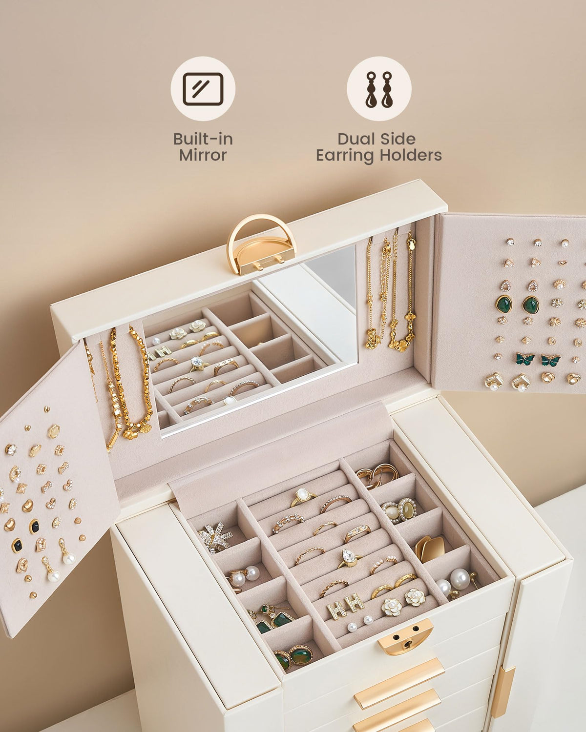 Lolalet Large Jewelry Box, 6-Layer Jewelry Organizer with 5 Drawers -Beige