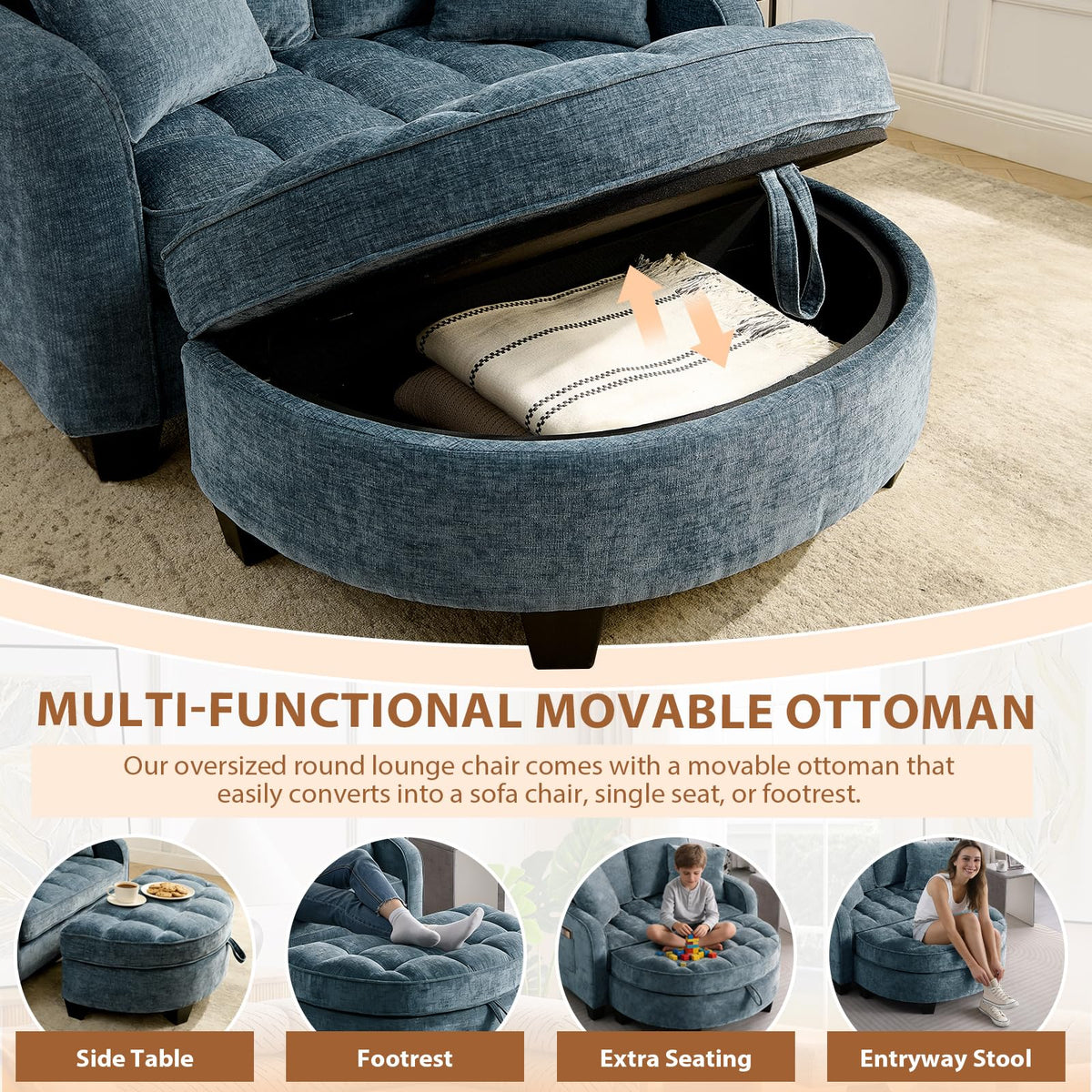 GEEVIVO Oversized Chaise Lounge Chair Indoor with Curved Ottoman, Blue