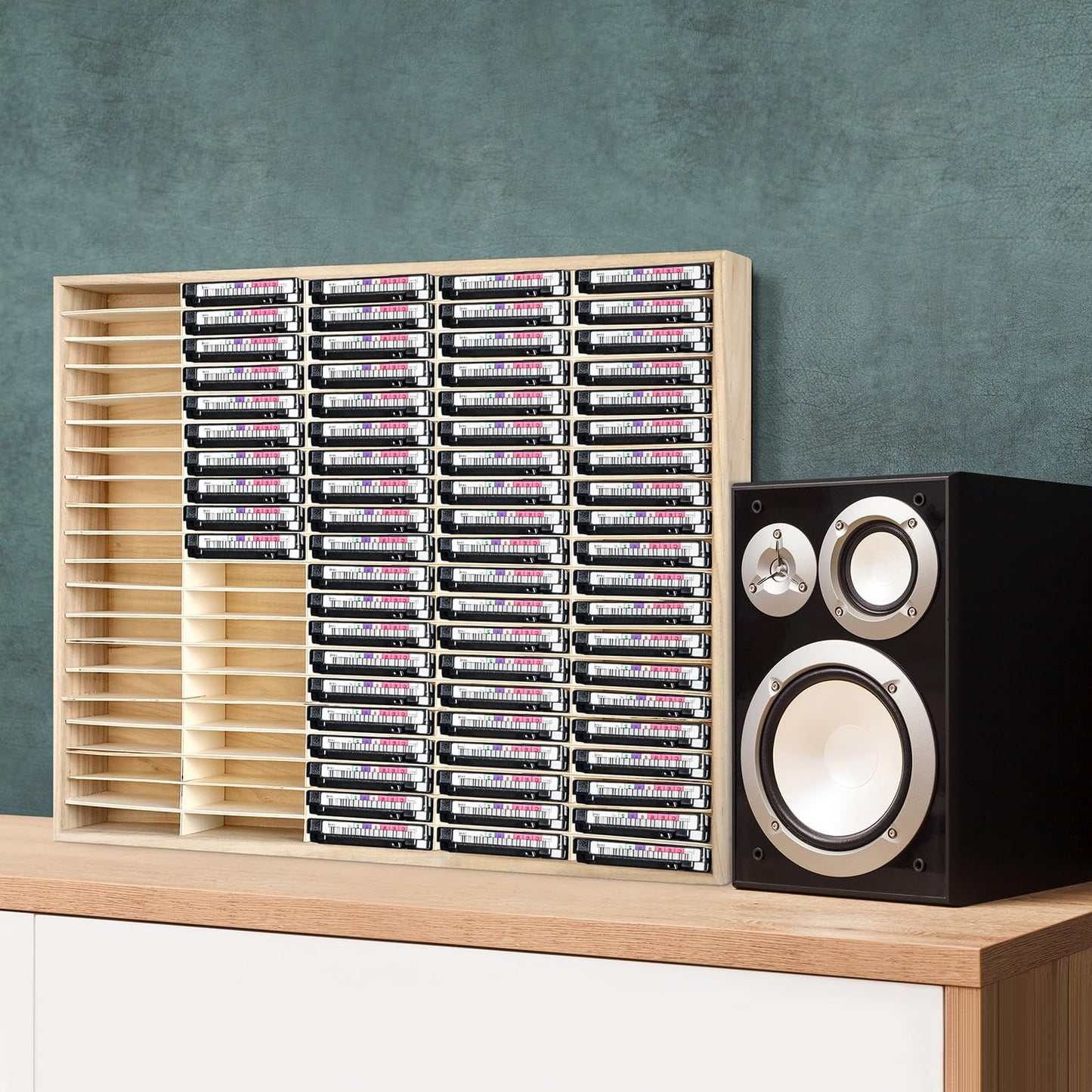 Marsui 100 Slot Wooden Cassette Tape Storage Organizer Rack Audio, Wood