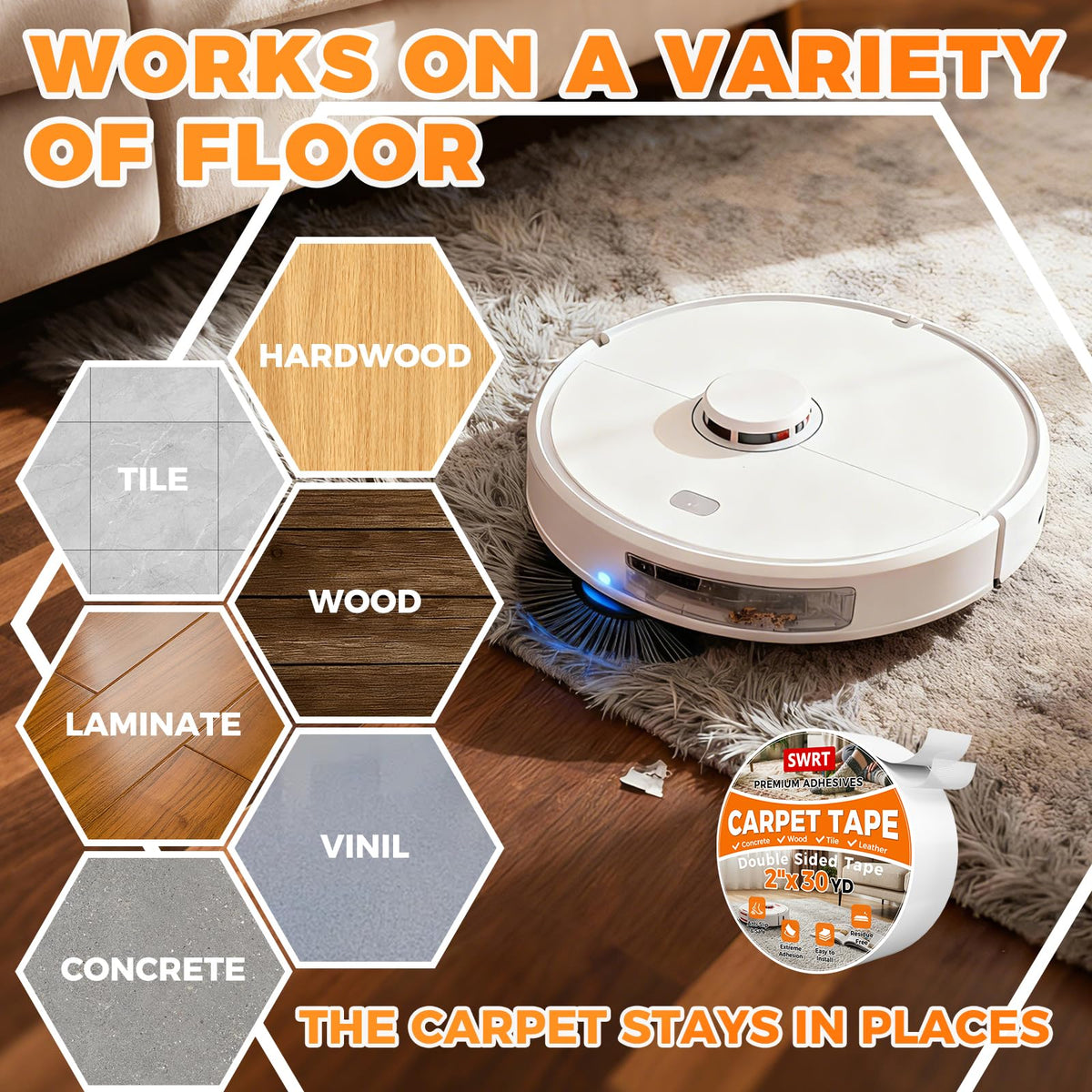 SWRT Double Sided Carpet Tape, 2 in x 30 Yards Rug Tape for Hardwood Floors