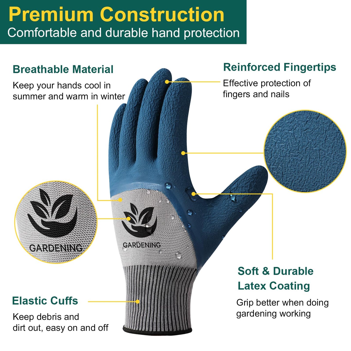 Gardening Gloves for Women Men - 6 Pairs Thorn-Proof Breathable Hard-wearing Latex Coated Garden Gloves for Women , Indoor/Outdoor Activities Protective Working Gloves with Grip, Blue & Grey