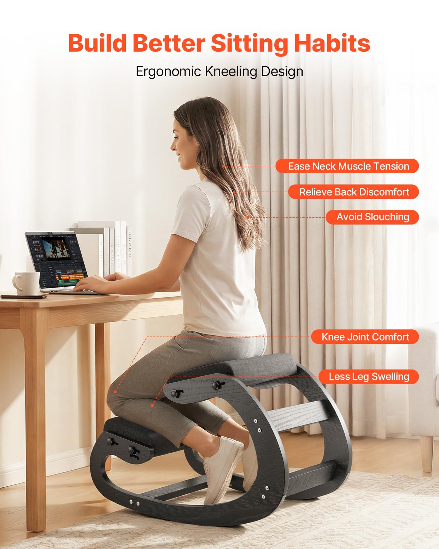 VEVOR Ergonomic Kneeling Chair, Wooden Posture Knee Chair with Adjustable Thick Foam Cushions & Solid Wood Frame, Adjustable Height, Relief for Neck or Back Pain for Home, Office or Meditation, Black