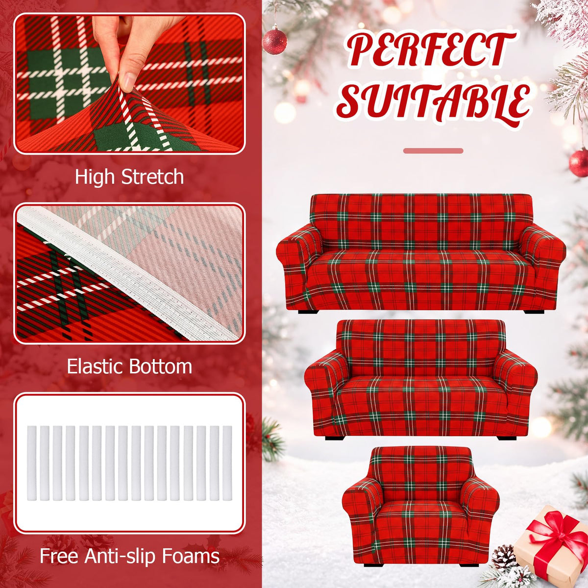 Peryiter 3 Pcs Milk Silk Spandex Couch Cover, Red Green Plaid