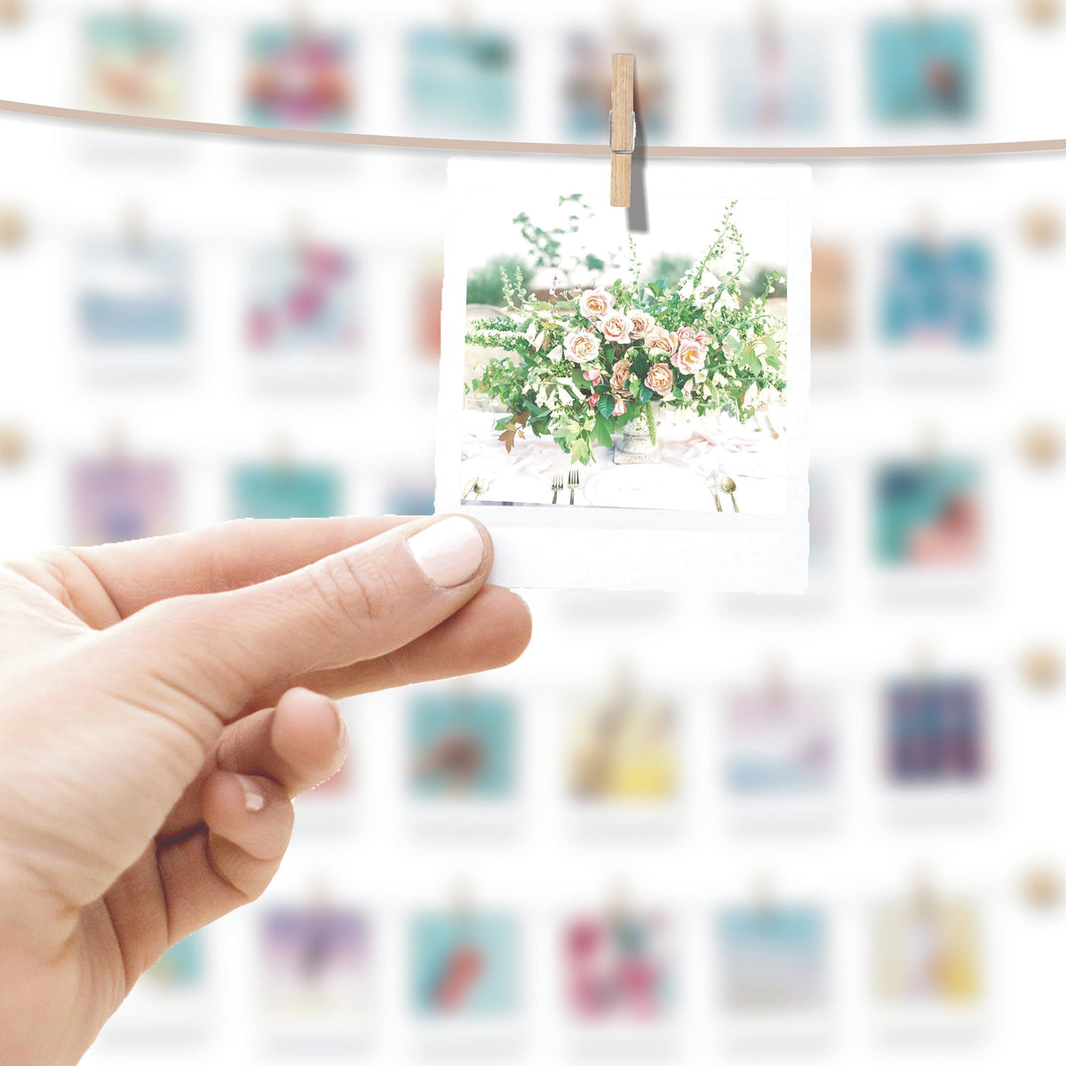 BIZYAC Hanging Photo Display Room Wall Decor - Sculptural Picture Frames Collage - 5 Strings with 30 Clips - 3M Self Adhesive Hooks - No Holes Drilling - 30 x 30 inch