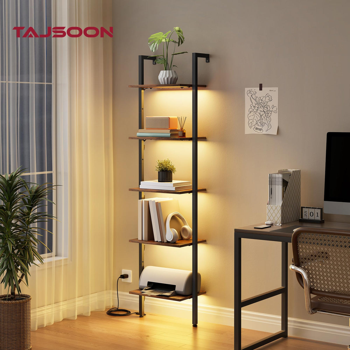 Tajsoon 5 Tier Ladder Bookshelf with Light, Wall Ladder Shelf Rustic Brown