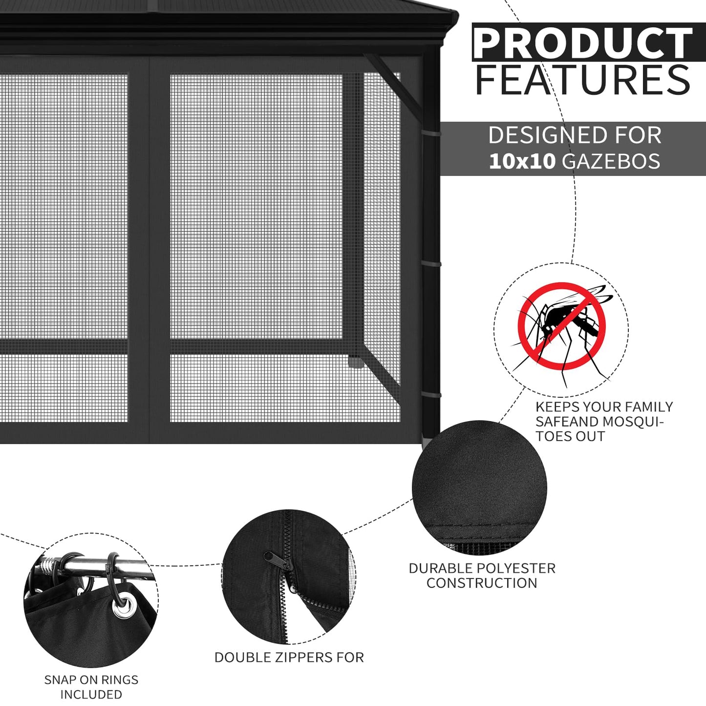 Gazebo Universal Replacement Mosquito Netting, Outdoor Mesh Netting Screen 4-Panel Sidewall with Zipper for Patio, Canopy, Garden and Backyard, Black, 10' x 10'