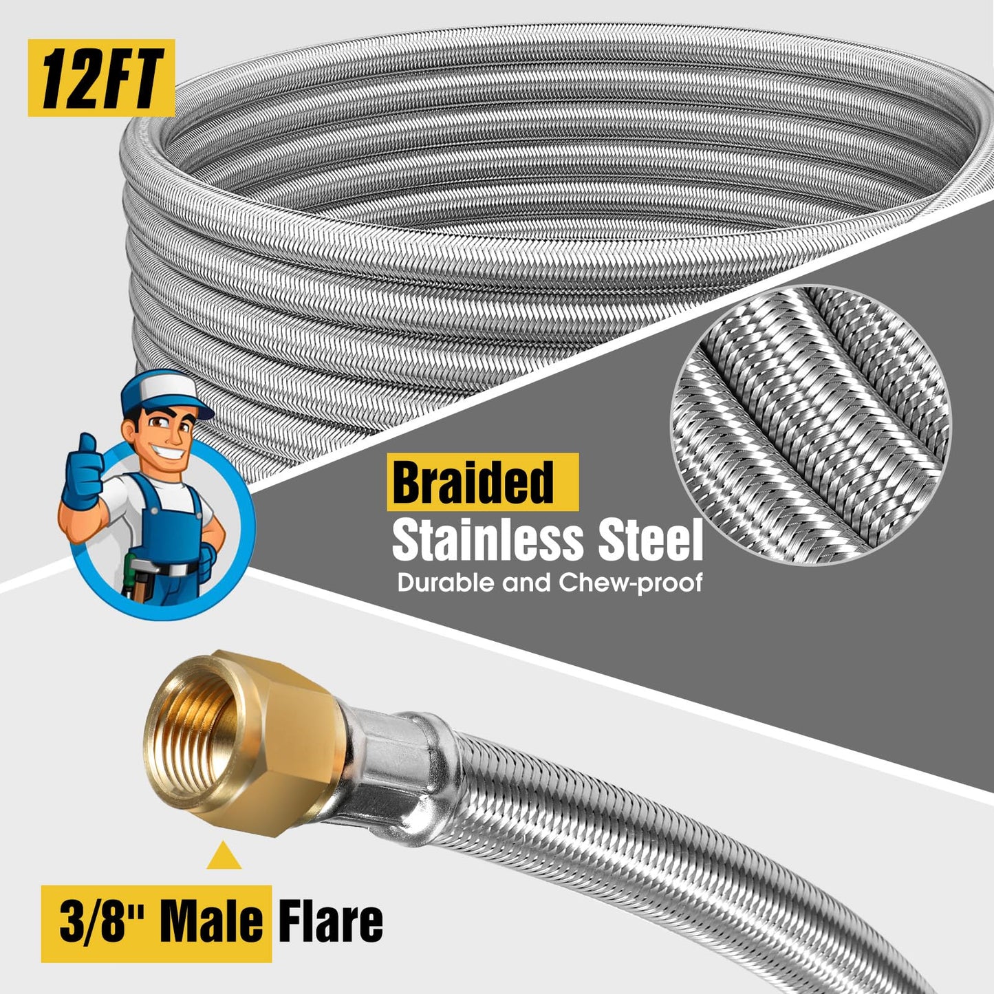 Upgraded 12Feet High Pressure Braided Propane Hose Extension with Conversion Coupling 3/8" Flare to 1/2" Female NPT, 1/4" Male NPT, 3/8" Male Flare for BBQ Grill, Fire Pit, Heater