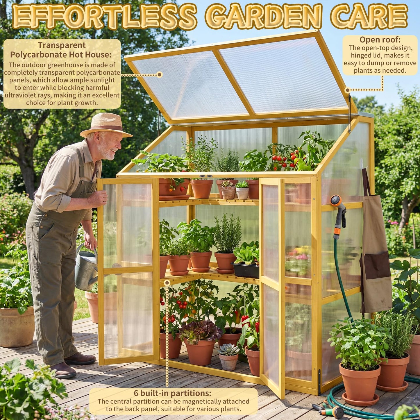 BKSFOAA Wooden Cold Frame Greenhouse with Transparent Flip-Top Roof, Solid Wood Greenhouse Cabinet, Garden Raised Flower Plants Shelf Protection for Outdoor Indoor, Natural