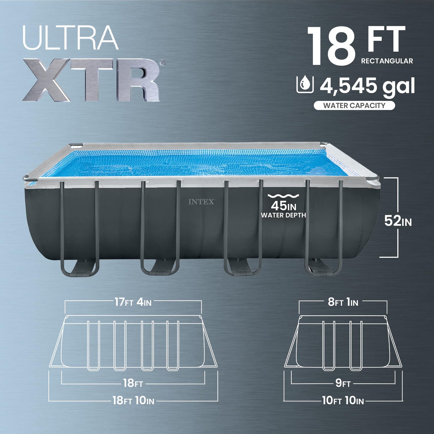 INTEX Ultra XTR 18 ft x 9 ft 52 in Above Ground Pool Set, Rectangular Swimming Pool with Steel Frame, 1500 GPH Sand Filter Pump, Ladder, Cover, & Ground Cloth