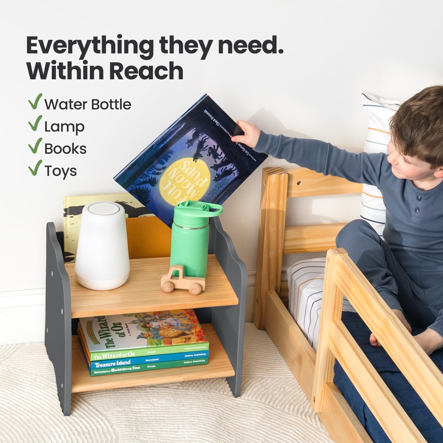 Ocodile Kids Nightstand for Floor Beds, Solid Wood Small Bedside Table with Book Pocket, Low Tiny Nightstand for Nursery, Toddler & Kids Room, Montessori Style Side Table - Gray