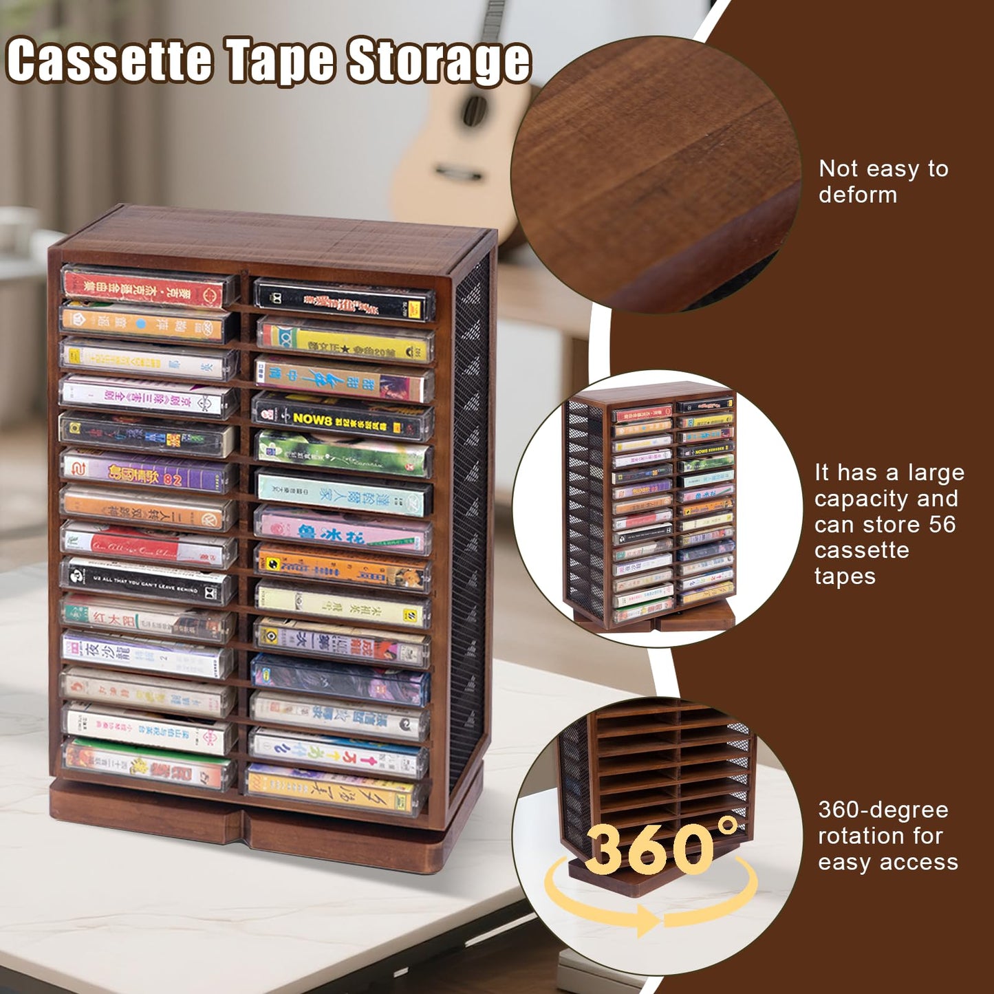 WodGod Cassette Tape Storage Box, Wood Cassette Rack, Wooden Cassette Tape Holder 360-Degree Rotatable, 56 Capacity, Double-Sided & Diamond Metal Wire Mesh, the Ideal Gift for Cassette Collectors