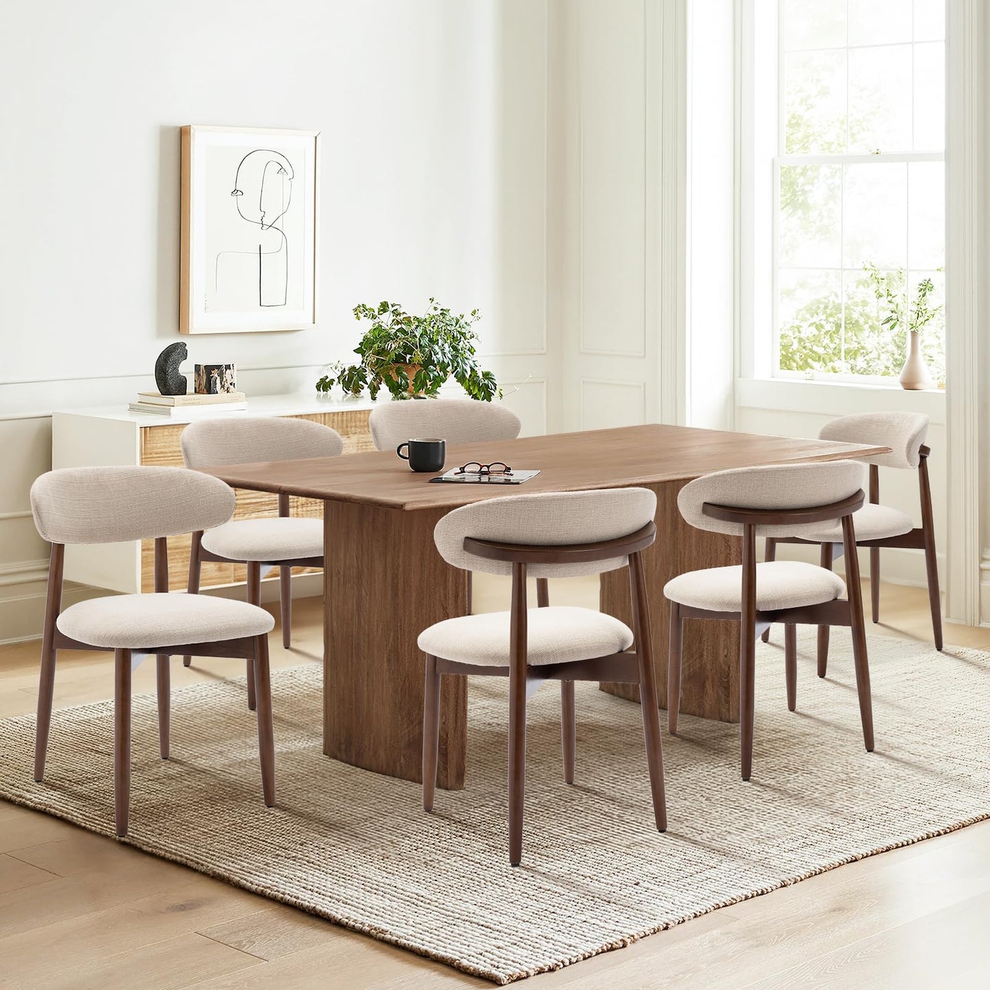 COLAMY Wooden Dining Chairs Set of 6, Modern Upholstered Fabric Dining Room Chair, Farmhouse Kitchen Side Chairs with Foot Pegs, Beige