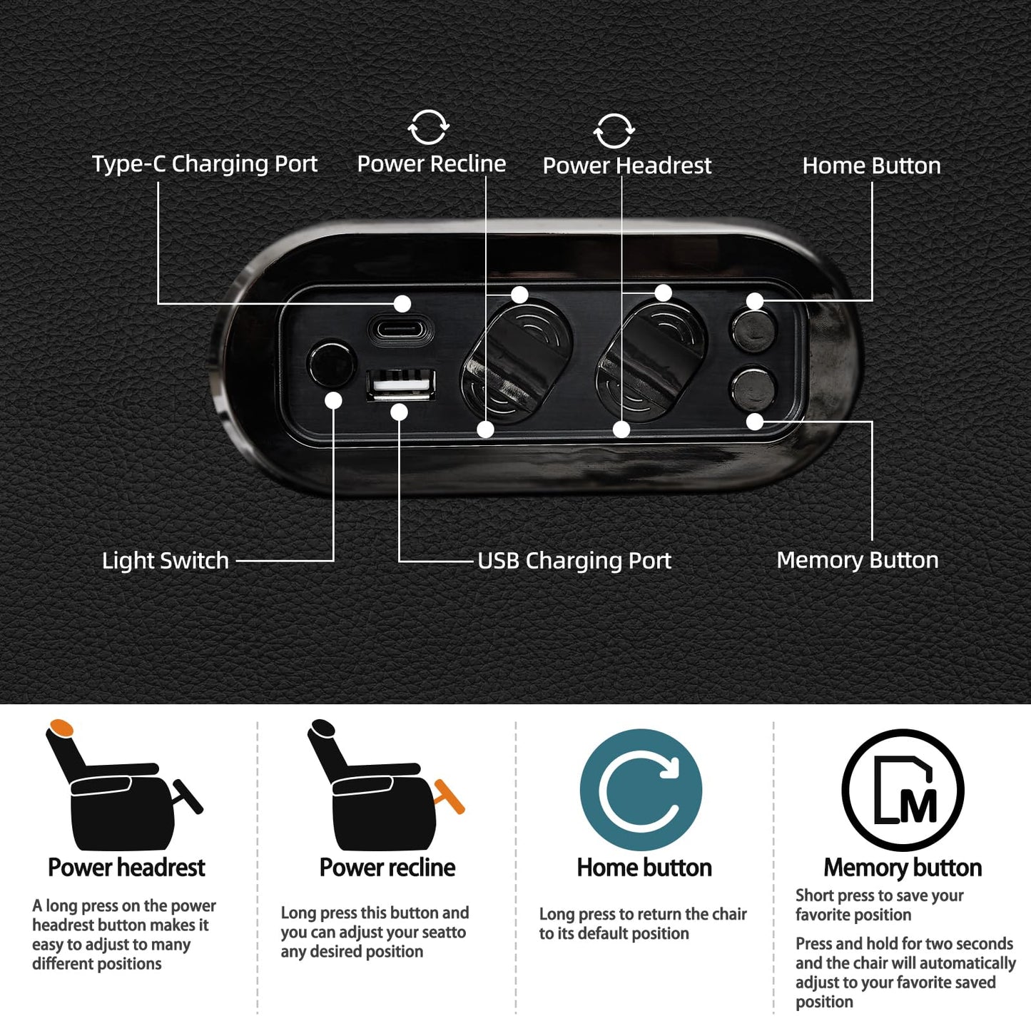 comfiroom Leather Home Theater Seating, Classic Series Game Seats Movie Theater Chairs Recliner Sofa with Type-C USB Charger Port, Bedroom Sofa Chair for Living Room (Black, Row of 1)