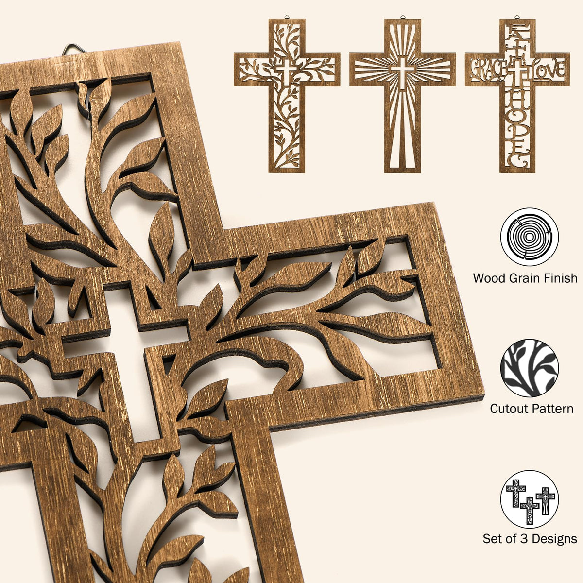 3 Pcs Wooden Cross Wall Decor, 12 Inch Wall Crosses for Christian Home